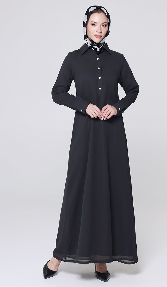 Robe longue longue modeste en mousseline de soie smockée Nadia - Noir