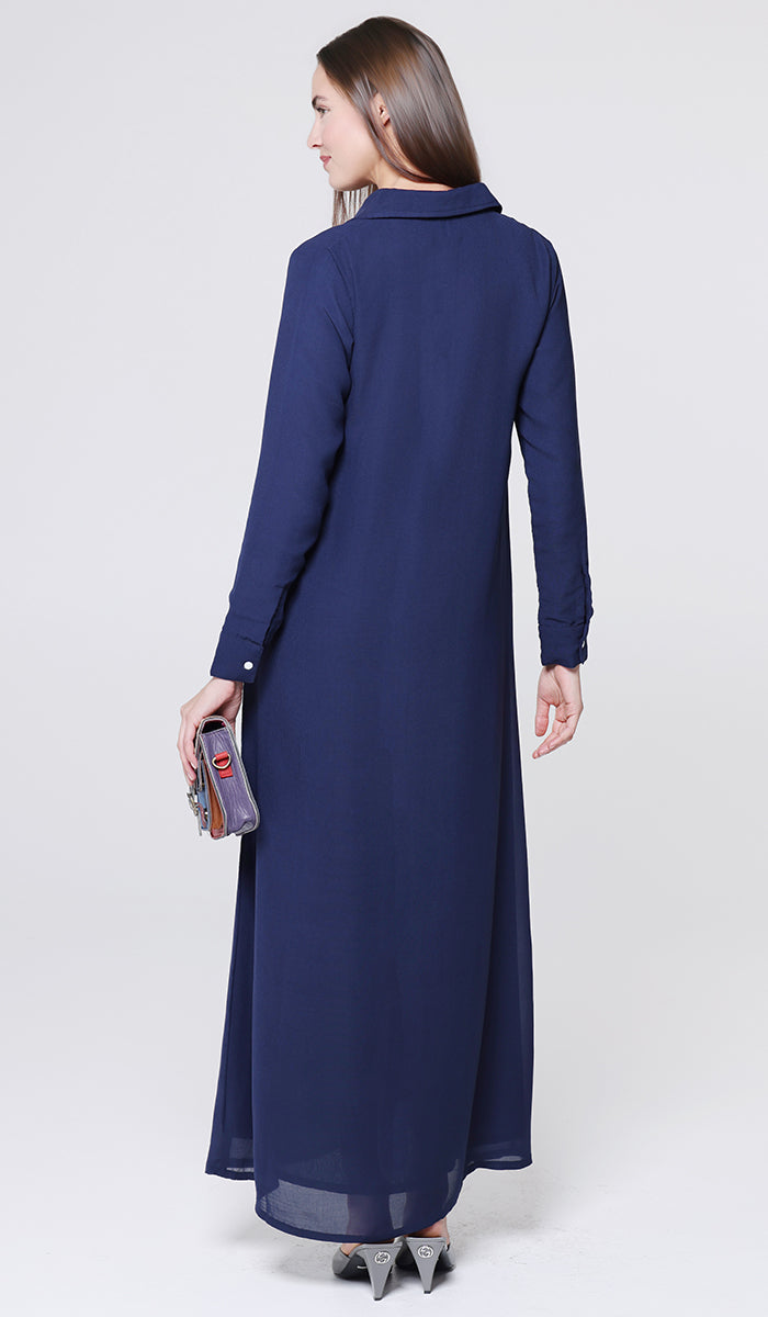 Robe longue longue modeste en mousseline de soie smockée Nadia - Noir
