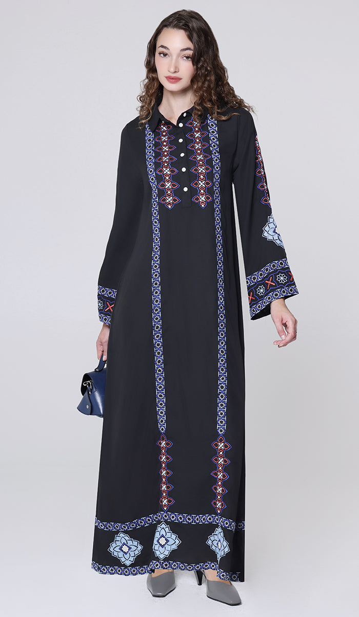 Nimra Geo Embroidered Modest Long Maxi Dress - Black/Blue - PREORDER (ships in 2 weeks)