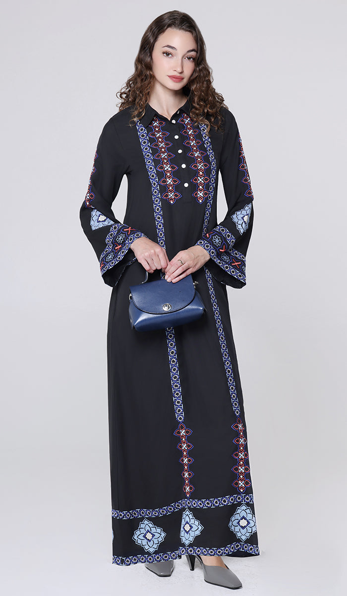 Nimra Geo Embroidered Modest Long Maxi Dress - Black/Blue - PREORDER (ships in 2 weeks)