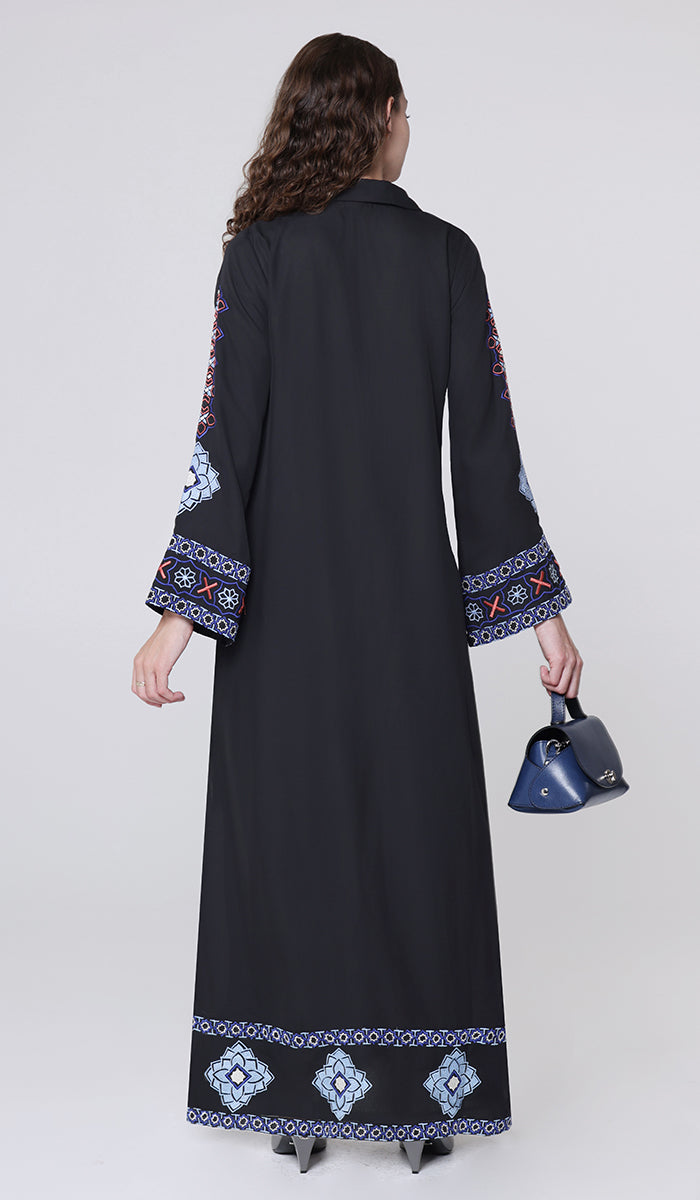 Nimra Geo Embroidered Modest Long Maxi Dress - Black/Blue - PREORDER (ships in 2 weeks)