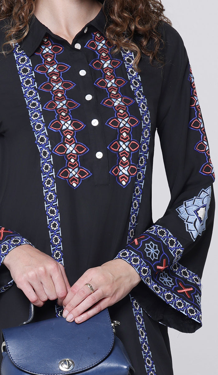 Nimra Geo Embroidered Modest Long Maxi Dress - Black/Blue - PREORDER (ships in 2 weeks)