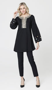 Nina Gold Embellished Formal Long Modest Tunic - Black