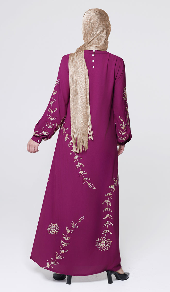 Noor-e-Samaa Gold Embellished Modest Long Maxi Dress - Orchid