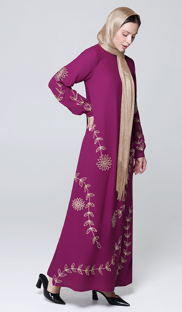 Noor-e-Samaa Gold Embellished Modest Long Maxi Dress - Orchid