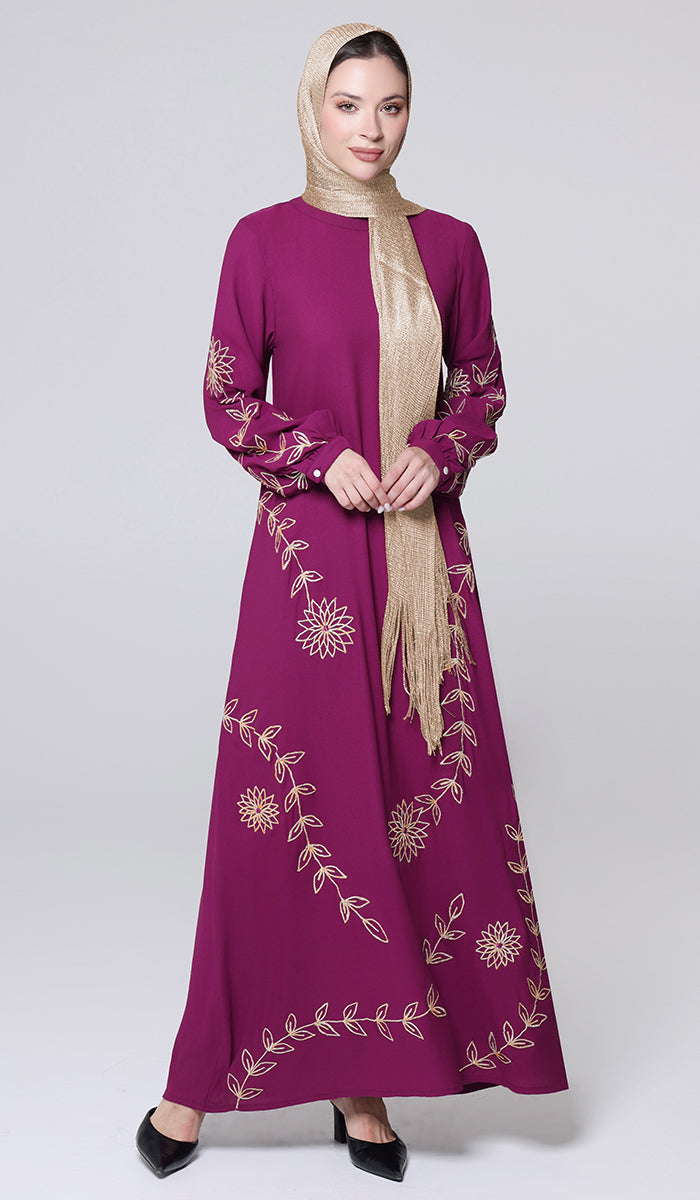 Noor-e-Samaa Gold Embellished Modest Long Maxi Dress - Orchid