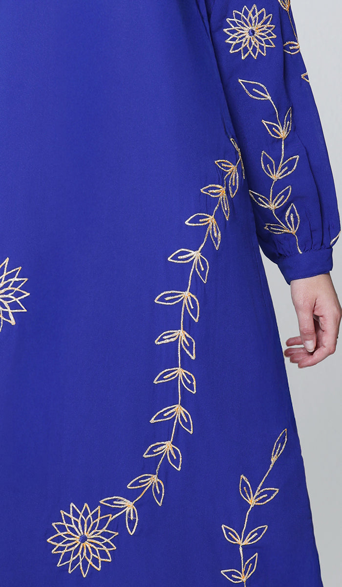 Noor-e-Samaa Gold Embellished Modest Long Maxi Dress - Royal Blue