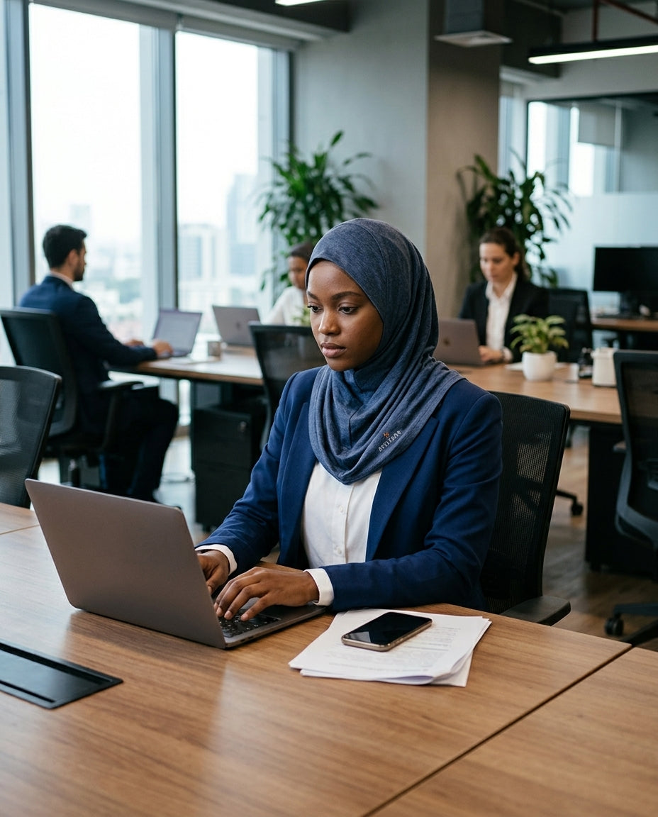 Woman working on a laptop in an office setting