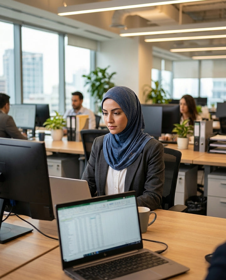 Person working at a desk in an office with a laptop and computer monitor.