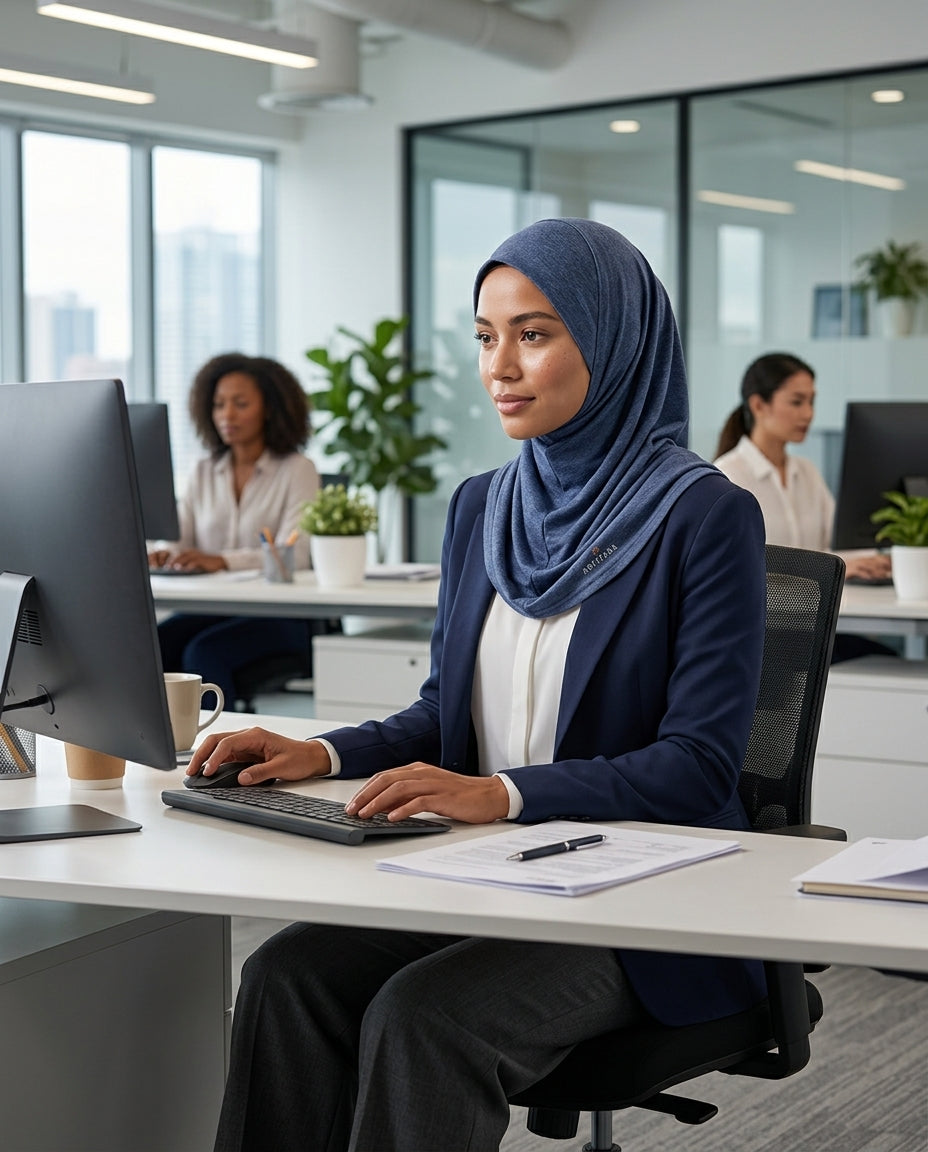 Hijab de sport extensible une pièce - Bleu denim chiné