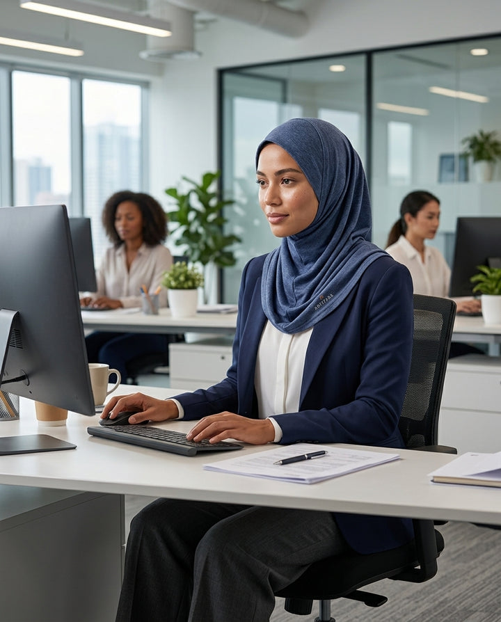 Hijab de sport extensible une pièce - Bleu denim chiné