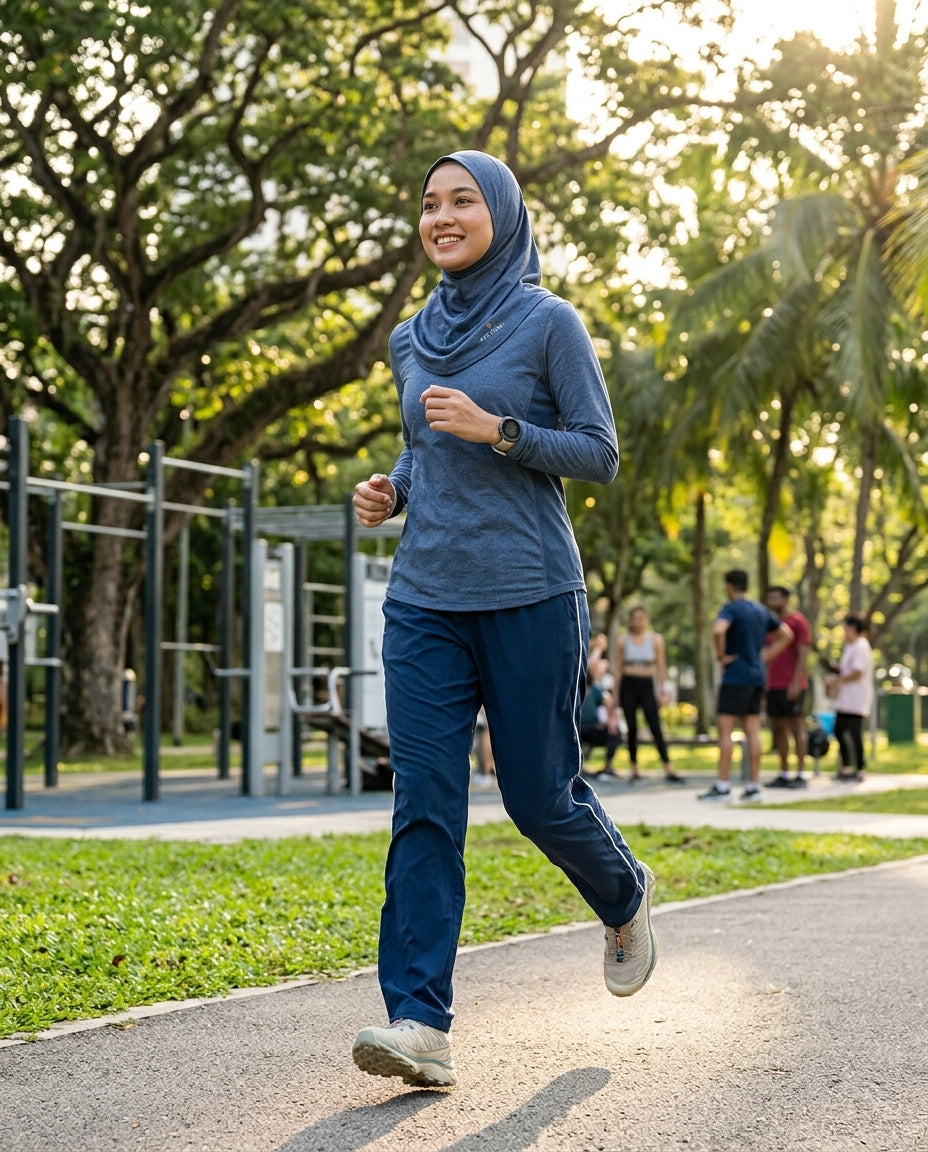 Woman running in a park wearing a blue outfit