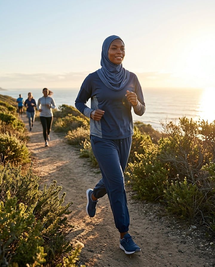 Hijab de sport extensible une pièce - Bleu denim chiné