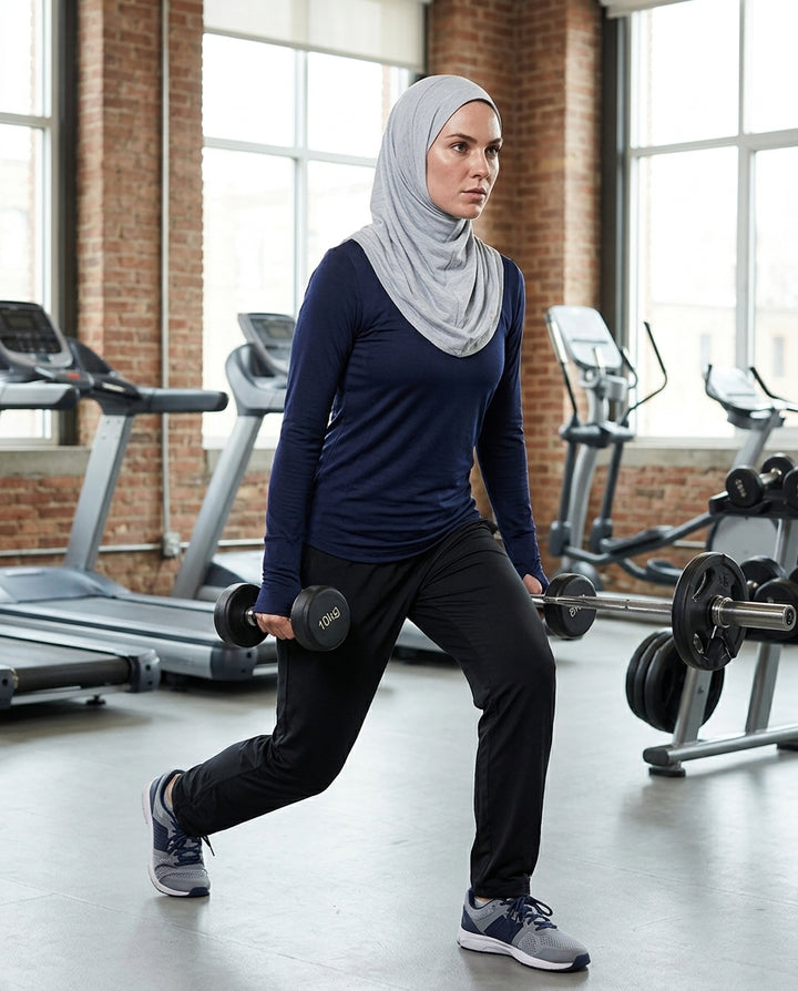 Woman exercising with dumbbells in a gym setting