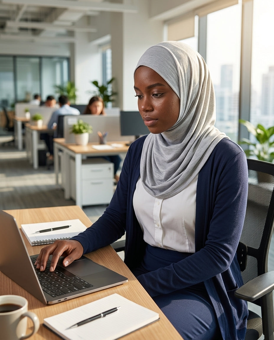 Woman wearing a hijab working on a laptop in an office setting