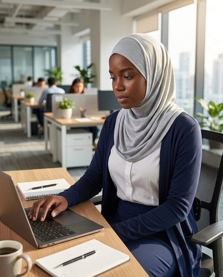 Woman wearing a hijab working on a laptop in an office setting