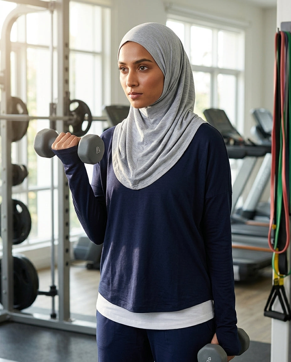 Woman exercising with dumbbells in a gym setting