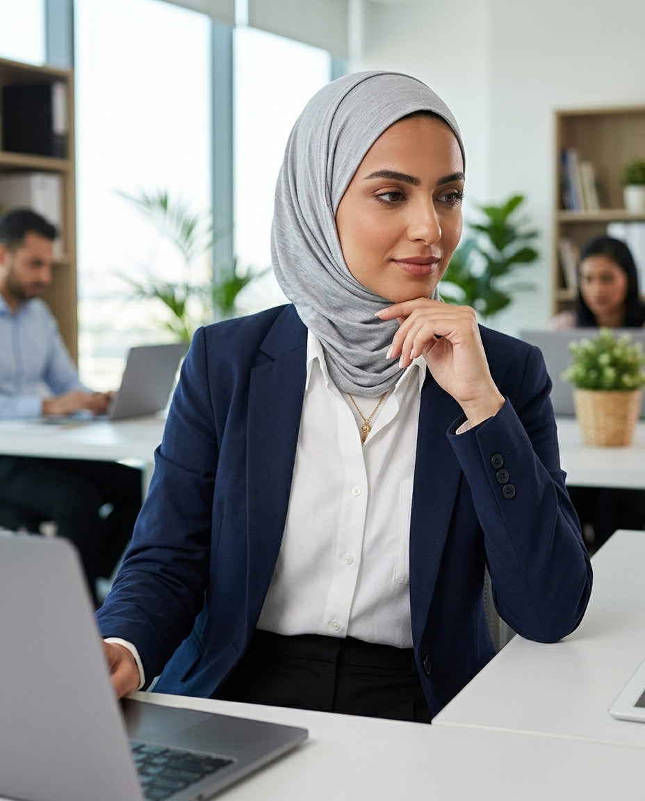 Woman wearing a hijab sitting at a desk with a laptop in an office setting.