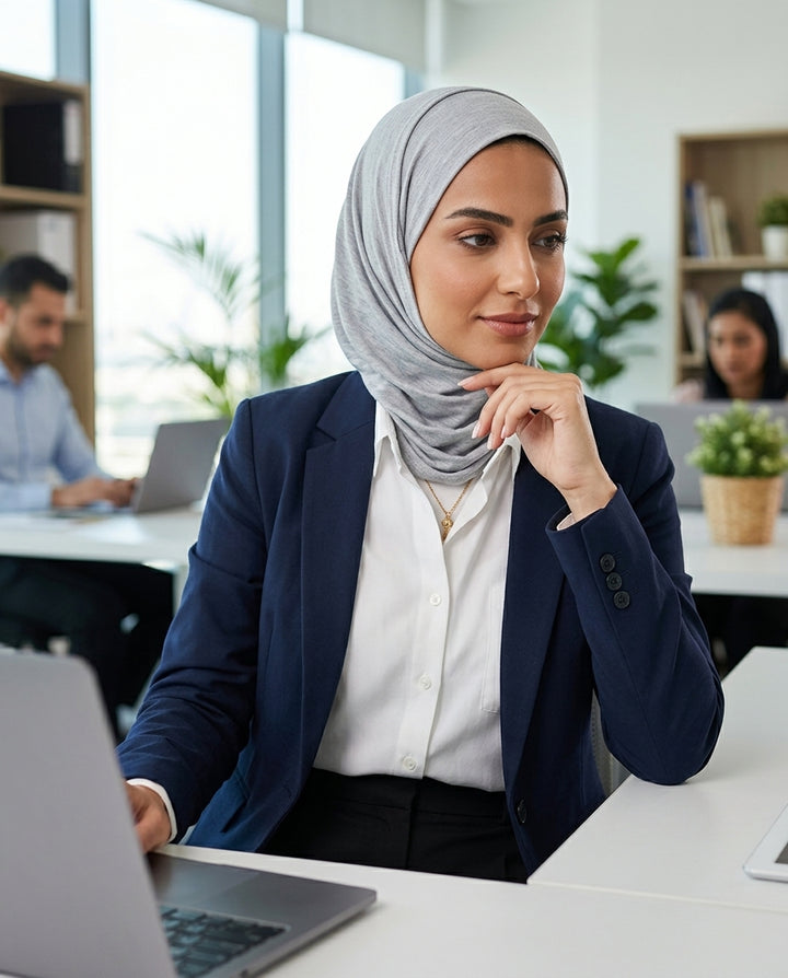 Woman wearing a hijab sitting at a desk with a laptop in an office setting.