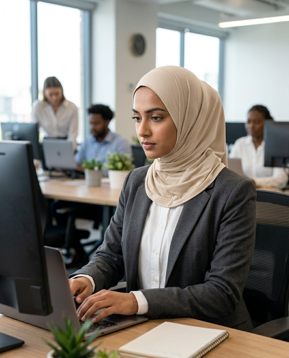Woman wearing a hijab working on a computer in an office setting