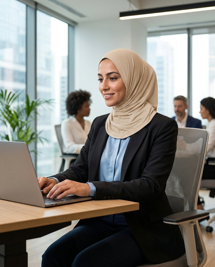 Woman wearing a hijab using a laptop in an office setting