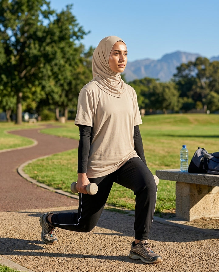 Woman exercising outdoors in a park with mountains in the background