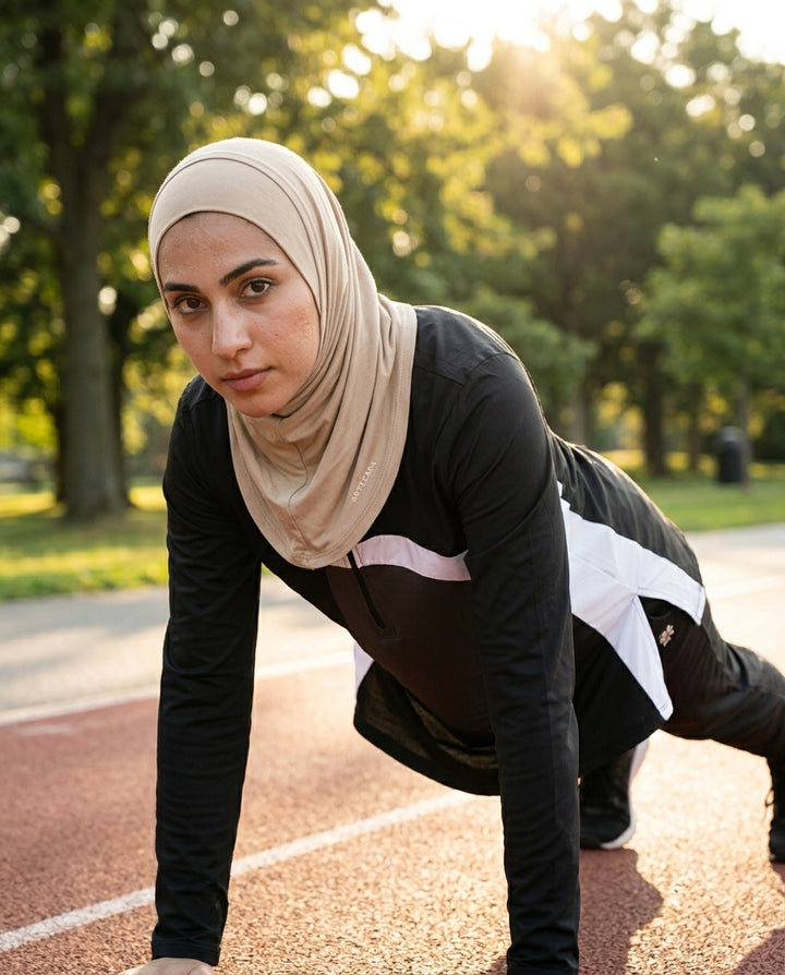 Woman in hijab and athletic wear doing push-ups on a track in a park.