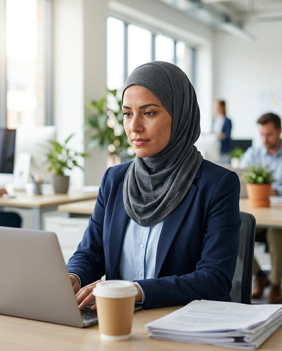 Woman wearing a hijab working on a laptop in an office setting