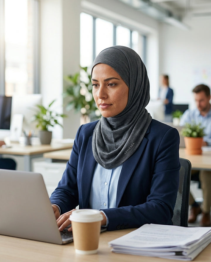 Woman wearing a hijab working on a laptop in an office setting