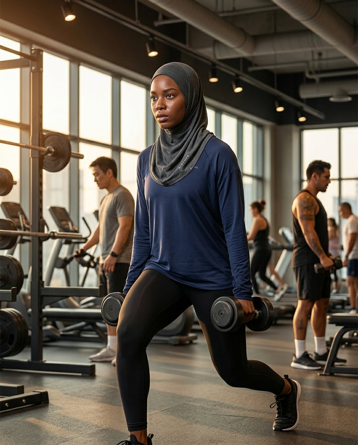 Woman exercising with dumbbells in a gym setting