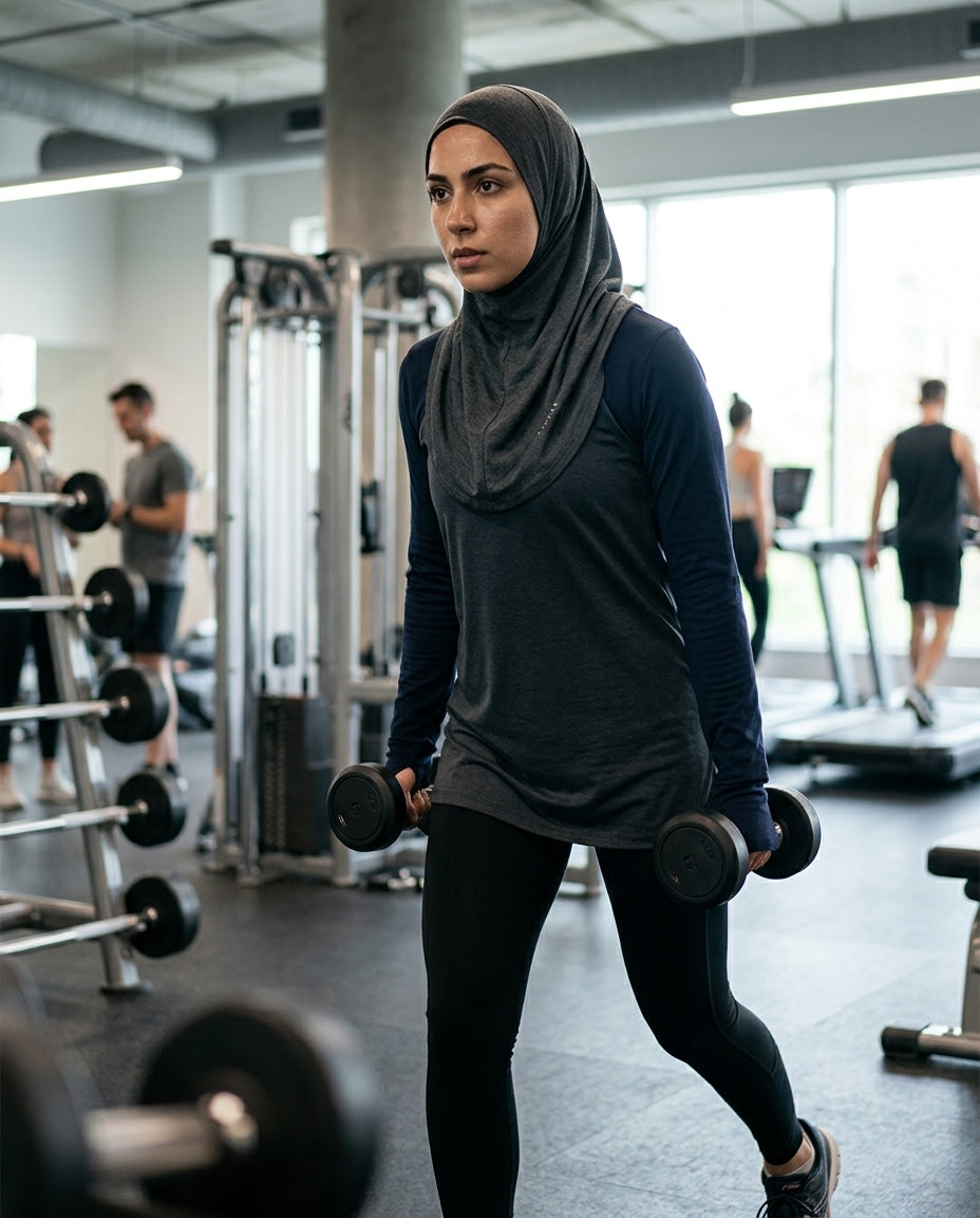 Woman exercising with dumbbells in a gym setting
