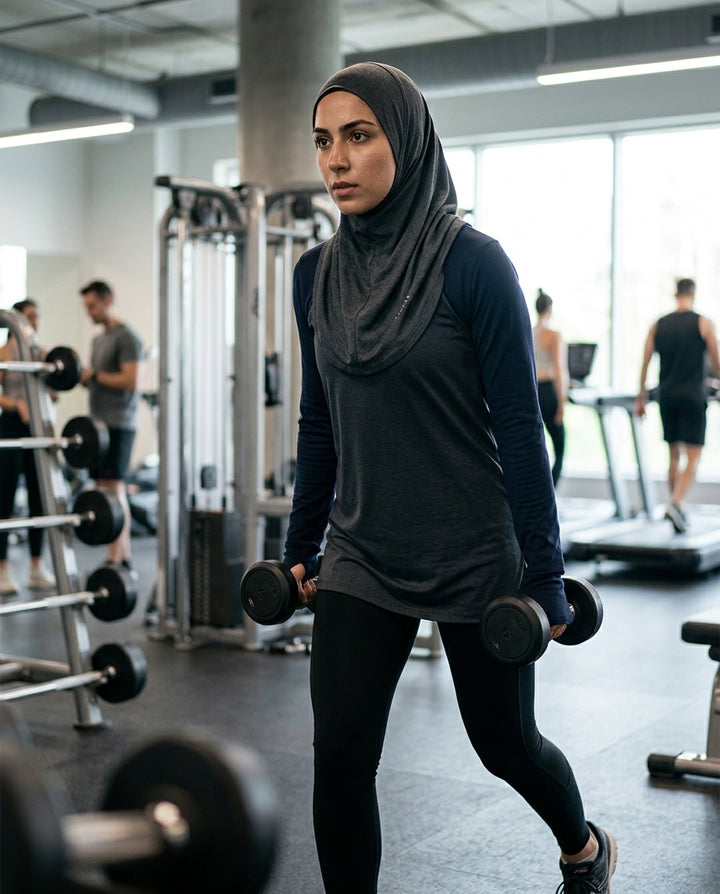 Woman exercising with dumbbells in a gym setting