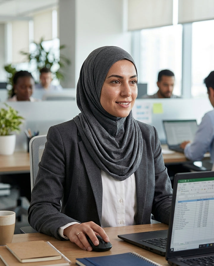 Woman wearing a hijab sitting at a desk in an office setting.