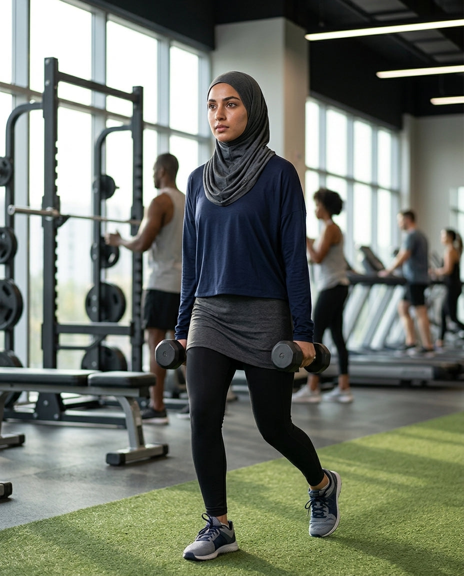 Woman exercising with dumbbells in a gym setting