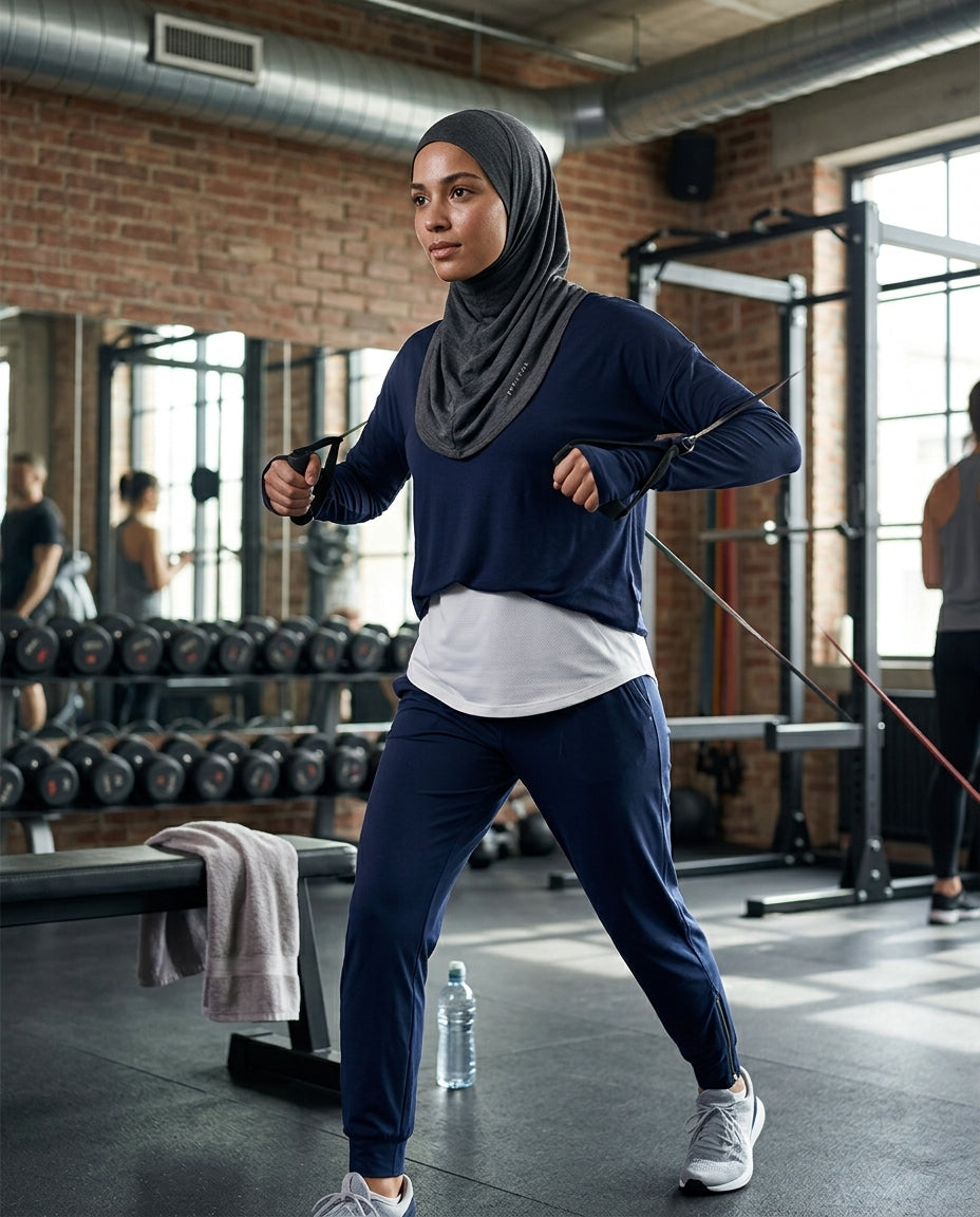 Woman exercising in a gym setting with weights and exercise equipment in the background.
