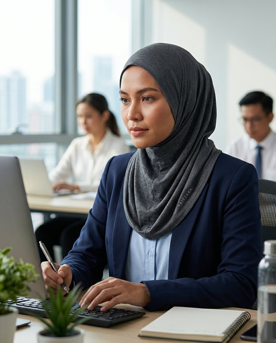 Woman wearing a hijab sitting at a desk in an office setting.
