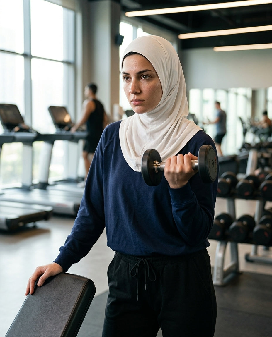Woman lifting weights in a gym setting