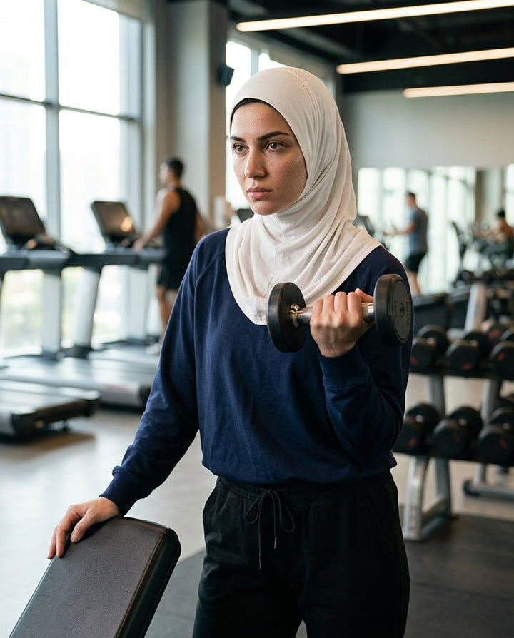 Woman lifting weights in a gym setting