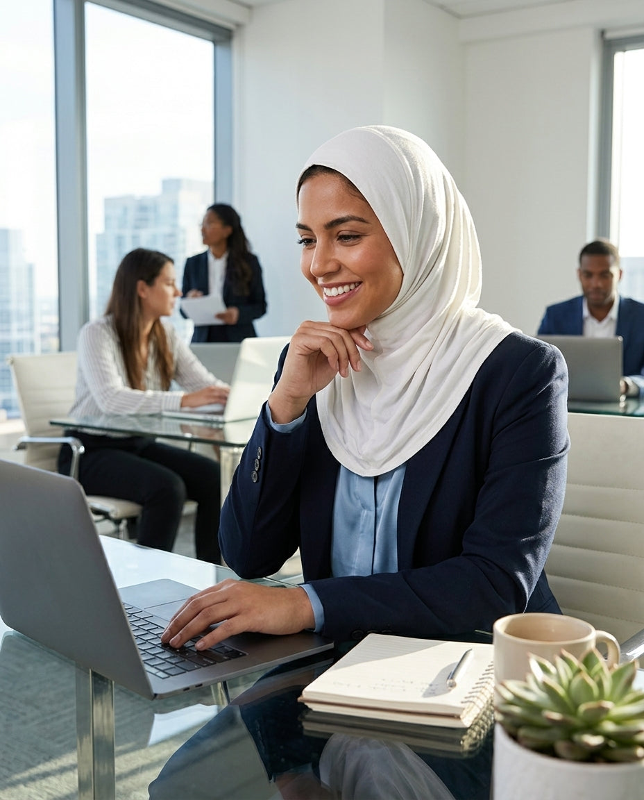 Woman wearing a hijab using a laptop in an office setting with colleagues in the background.