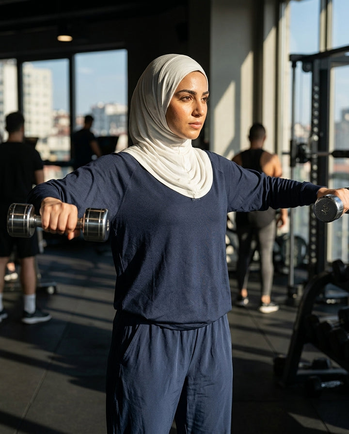 Woman exercising with dumbbells in a gym setting