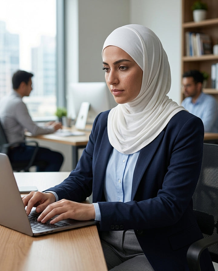 Woman wearing a hijab working on a laptop in an office setting.
