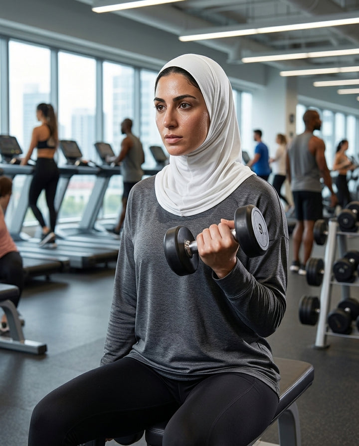 Woman lifting weights in a gym setting