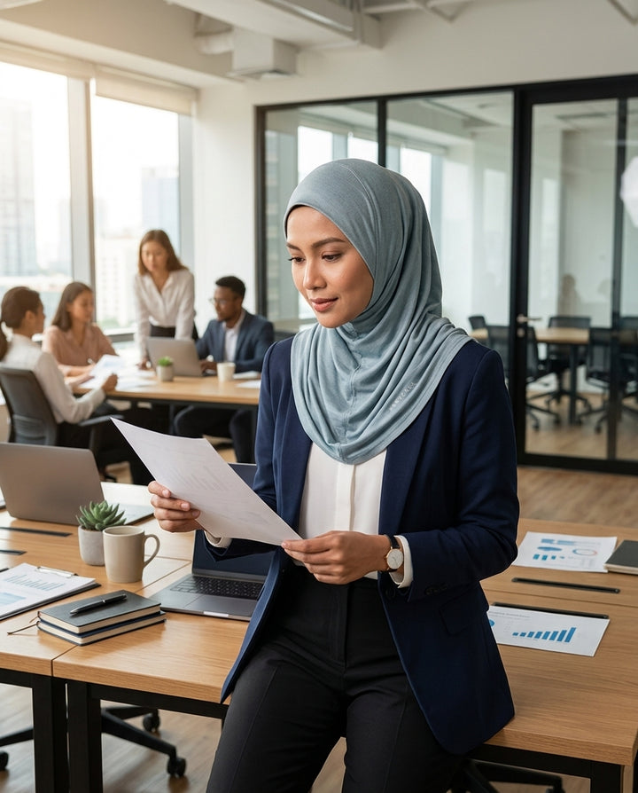 Woman in a hijab reading documents in an office setting