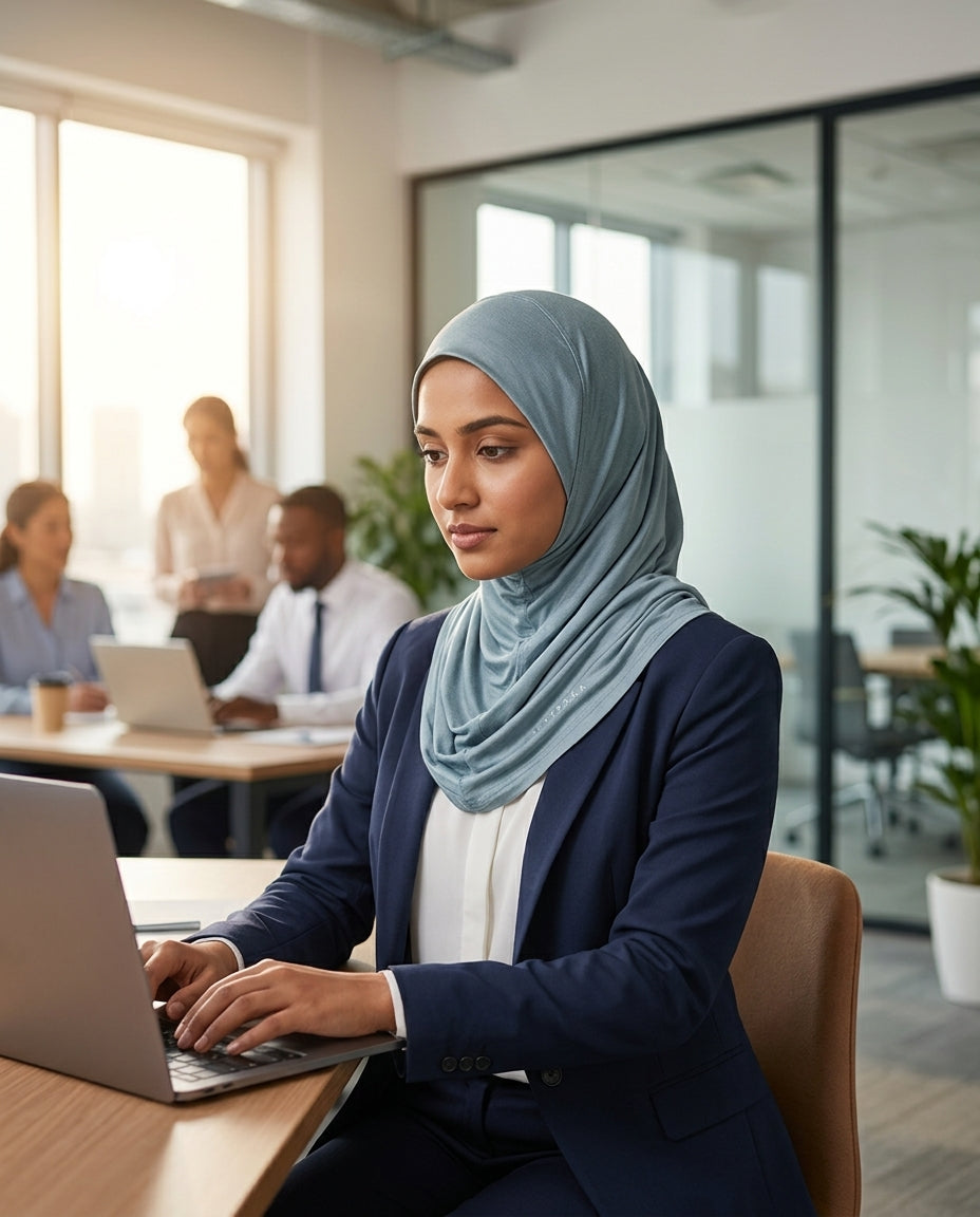 Woman wearing a hijab working on a laptop in an office setting with colleagues in the background.