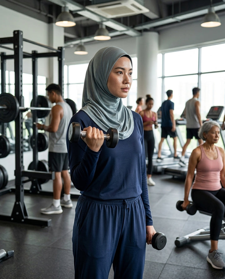 Woman exercising with dumbbells in a gym setting