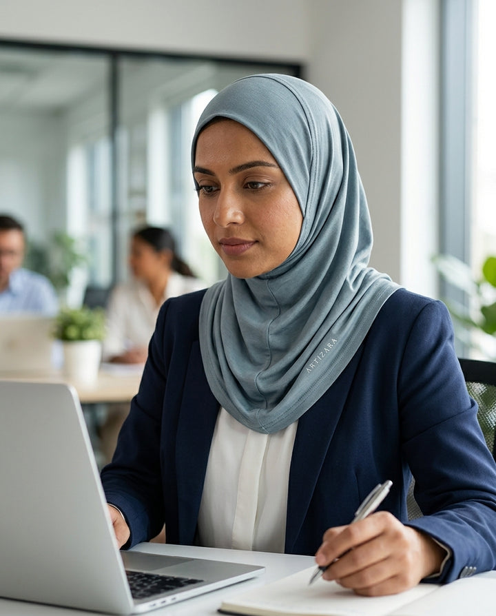 Woman wearing a hijab working on a laptop in an office setting