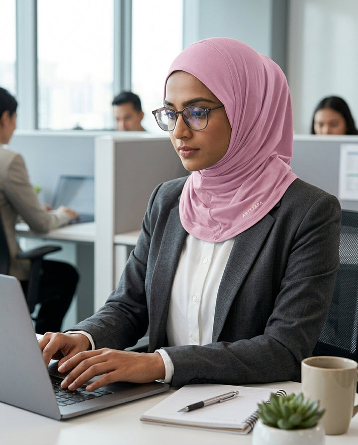 Woman wearing a pink hijab and glasses, working on a laptop in an office setting.