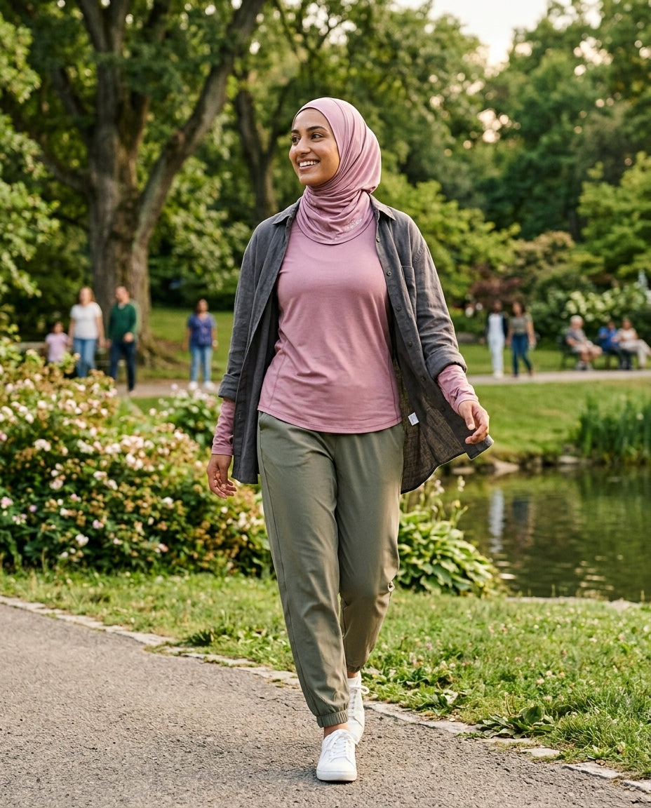 Woman walking in a park wearing a pink hijab, pink shirt, and green pants.