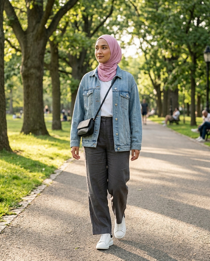 Woman walking in a park wearing a denim jacket and pink hijab