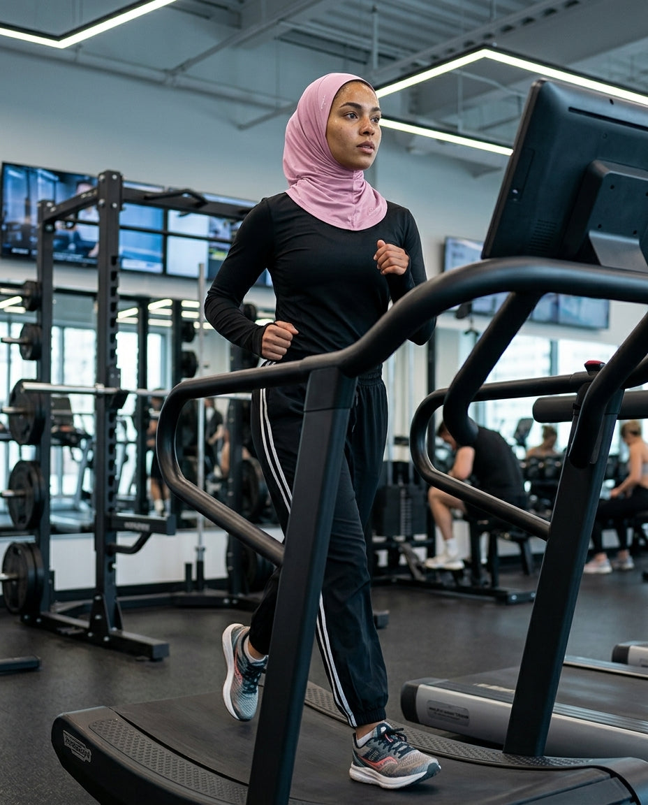 Woman running on a treadmill in a gym setting